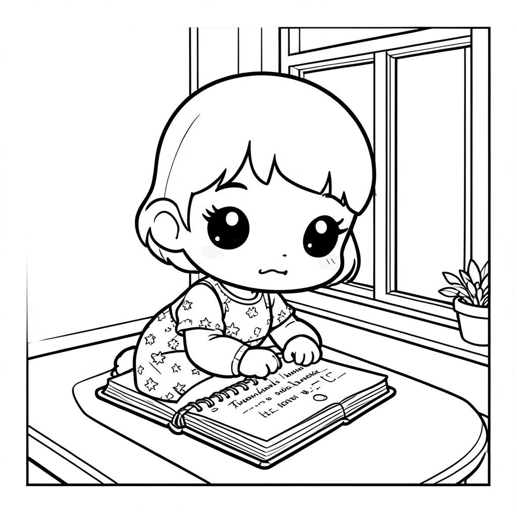 Cô gái trong phong cách chibi viết nhật ký bên cửa sổ