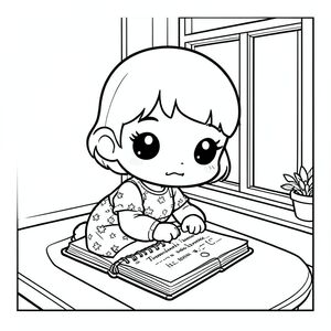 Cô gái trong phong cách chibi viết nhật ký bên cửa sổ