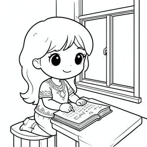 Người phụ nữ trong phong cách chibi viết nhật ký bên cửa sổ