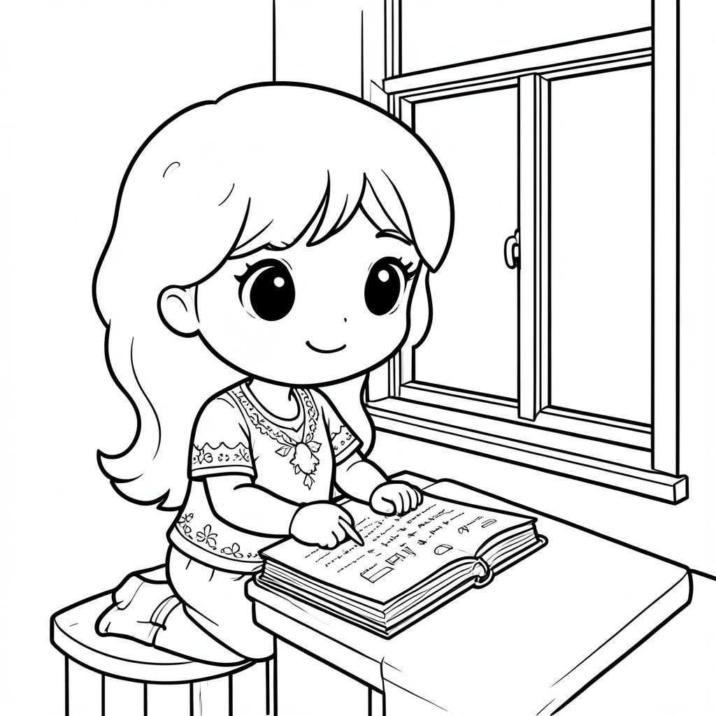 Người phụ nữ trong phong cách chibi viết nhật ký bên cửa sổ