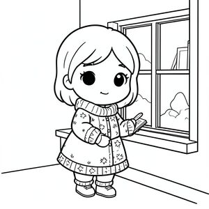 Người phụ nữ với bộ trang phục ấm cúng theo phong cách Chibi viết nhật ký bên cửa sổ