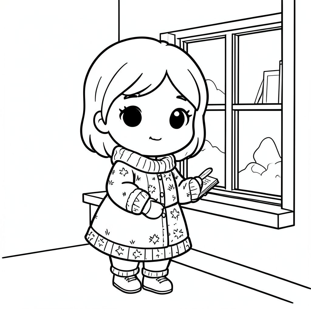 Người phụ nữ với bộ trang phục ấm cúng theo phong cách Chibi viết nhật ký bên cửa sổ