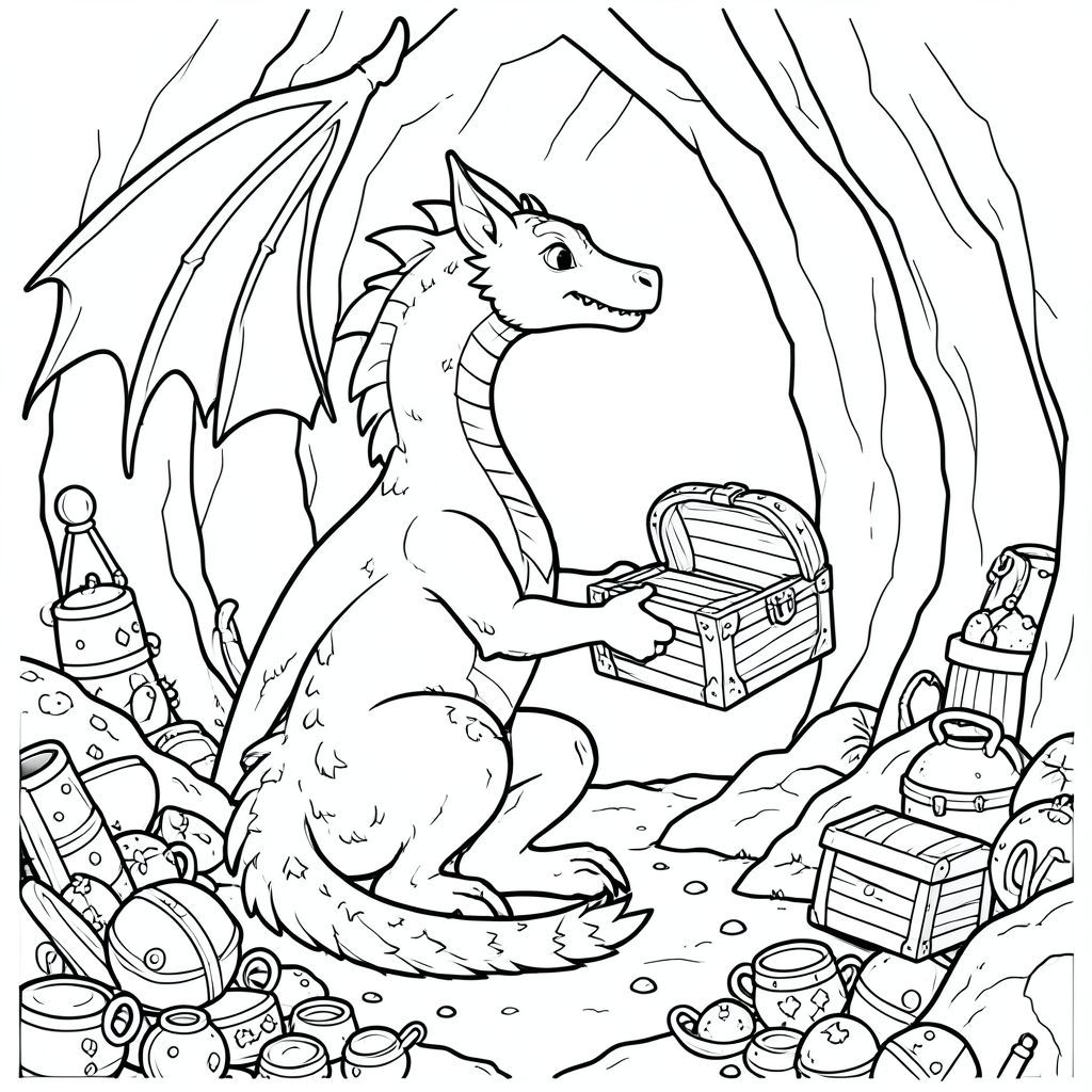 Ảnh chụp hồ sơ của một con rồng ma thuật, cầm một rương kho báu, trong hồ sơ, trong một hang động được bao quanh bởi kho báu, phong cách siêu thực