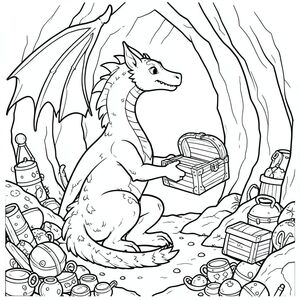 Ảnh chụp hồ sơ của một con rồng ma thuật, cầm một rương kho báu, trong hồ sơ, trong một hang động được bao quanh bởi kho báu, phong cách siêu thực