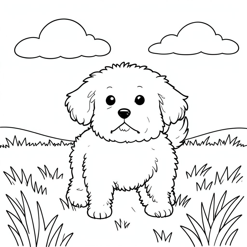 Một nhỏ, lông tơ đứng trên cánh đồng ánh sáng mặt trời. Một đám mây nhẹ nhàng, mỏng manh trôi qua hậu cảnh. Đầu của ở giữa, đuôi hơi cong lại. Hậu cảnh là một cánh đồng cỏ đơn giản, hơi mờ. Bố cục cân bằng, với chiếm một phần đáng kể của khung hình., trang màu, nghệ thuật đường nét, nền trắng