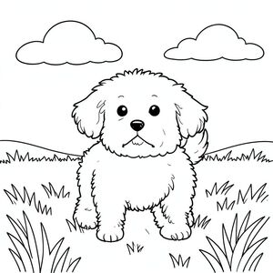 Một nhỏ, lông tơ đứng trên cánh đồng ánh sáng mặt trời. Một đám mây nhẹ nhàng, mỏng manh trôi qua hậu cảnh. Đầu của ở giữa, đuôi hơi cong lại. Hậu cảnh là một cánh đồng cỏ đơn giản, hơi mờ. Bố cục cân bằng, với chiếm một phần đáng kể của khung hình., trang màu, nghệ thuật đường nét, nền trắng