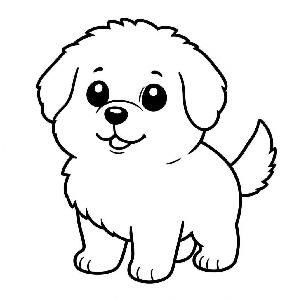 Dưới đây là mô tả tô màu dựa trên hướng dẫn của bạn: Một chú chó lông tơ, mũm mĩm với đôi mắt to hạnh phúc. Những đường nét đơn giản, dày, trắng. Một cái đầu đáng yêu và một cái đuôi vẫy vẫy. Đơn giản thuần khiết, vui vẻ., tô màu, nghệ thuật đường nét, nền trắng