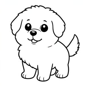 Dưới đây là mô tả tô màu dựa trên hướng dẫn của bạn: Một chú chó lông tơ, mũm mĩm với đôi mắt to hạnh phúc. Những đường nét đơn giản, dày, trắng. Một cái đầu đáng yêu và một cái đuôi vẫy vẫy. Đơn giản thuần khiết, vui vẻ., tô màu, nghệ thuật đường nét, nền trắng