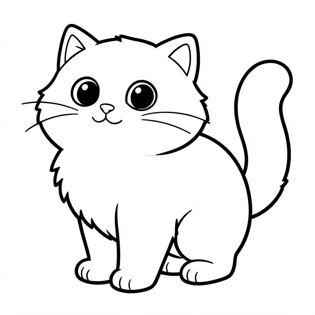 con mèo.

Một con mèo lông tơ, mũm mĩm với đôi mắt to tròn. Những đường nét dày, hạnh phúc phác thảo cơ thể của con mèo. Một cái đuôi đơn giản, vui vẻ kéo dài từ phía sau. Nội thất trắng tinh khiết., trang màu, nghệ thuật đường nét, nền trắng