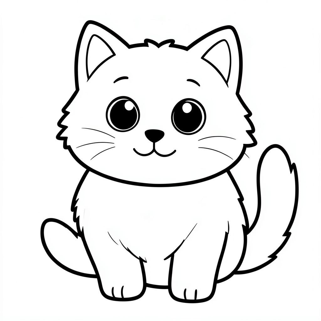 con mèo.  Một chú mèo lông tơ, mũm mĩm với đôi mắt to tròn. Một khuôn mặt đơn giản, hạnh phúc. Những đường nét trắng dày, rõ ràng phác thảo cơ thể mèo., tô màu, nghệ thuật đường nét, nền trắng