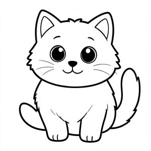 con mèo.  Một chú mèo lông tơ, mũm mĩm với đôi mắt to tròn. Một khuôn mặt đơn giản, hạnh phúc. Những đường nét trắng dày, rõ ràng phác thảo cơ thể mèo., tô màu, nghệ thuật đường nét, nền trắng