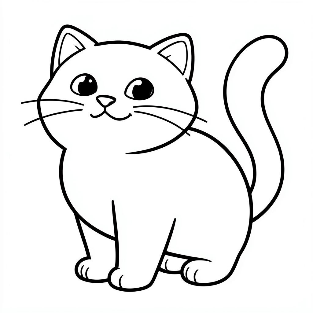 con mèo.  Một chú mèo mũm mĩm, hạnh phúc với khuôn mặt to tròn. Những đường nét trắng dày, rõ ràng phác thảo cơ thể mèo. Đuôi mèo dài và cong., tô màu, nghệ thuật đường nét, nền trắng