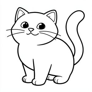 con mèo.  Một chú mèo mũm mĩm, hạnh phúc với khuôn mặt to tròn. Những đường nét trắng dày, rõ ràng phác thảo cơ thể mèo. Đuôi mèo dài và cong., tô màu, nghệ thuật đường nét, nền trắng