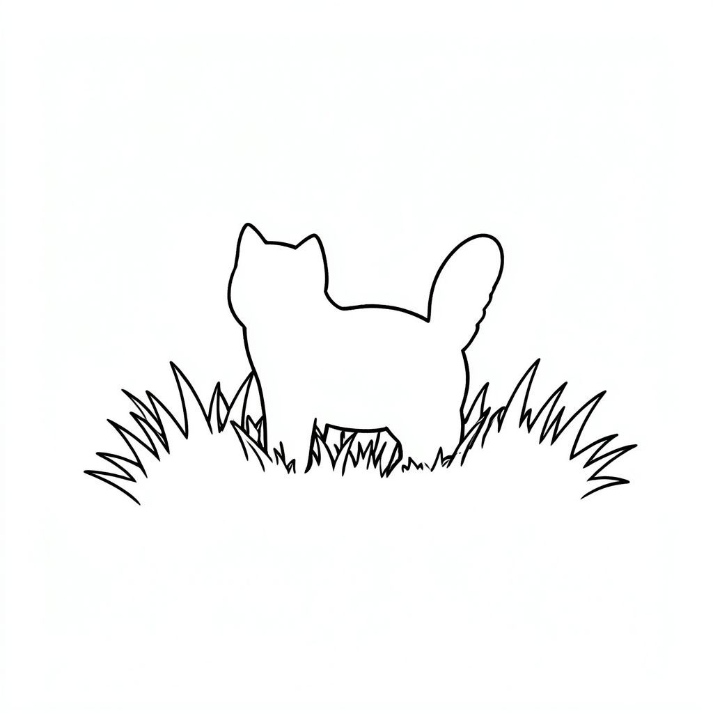 Một mảng cỏ nhỏ, đầy nắng. Một hình bóng duy nhất của một con mèo được đặt ở giữa. Cỏ hơi mờ, tạo nền mềm mại, nhẹ nhàng., tô màu, line art, nền trắng