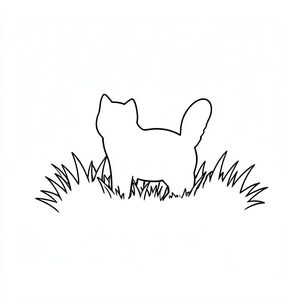 Một mảng cỏ nhỏ, đầy nắng. Một hình bóng duy nhất của một con mèo được đặt ở giữa. Cỏ hơi mờ, tạo nền mềm mại, nhẹ nhàng., tô màu, line art, nền trắng