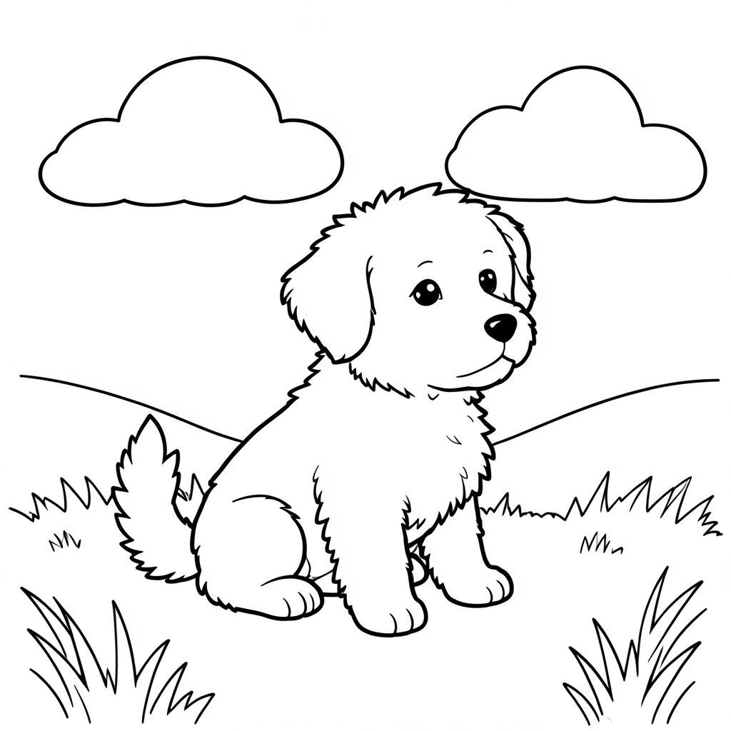 Một trắng nhỏ, lông tơ đang ngồi trên cánh đồng ánh sáng mặt trời. Một đám mây nhẹ nhàng, hơi mờ trôi qua hậu cảnh. hơi hướng về bên phải, đầu và đuôi hướng về phía trước. Mặt đất là một bãi cỏ mềm. Thành phần cân bằng, với ở giữa. Khung cảnh yên bình và thanh bình., trang màu, nghệ thuật đường nét, nền trắng