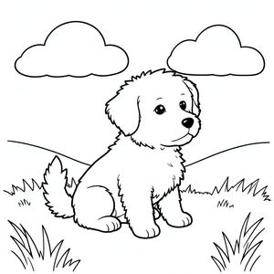 Một trắng nhỏ, lông tơ đang ngồi trên cánh đồng ánh sáng mặt trời. Một đám mây nhẹ nhàng, hơi mờ trôi qua hậu cảnh. hơi hướng về bên phải, đầu và đuôi hướng về phía trước. Mặt đất là một bãi cỏ mềm. Thành phần cân bằng, với ở giữa. Khung cảnh yên bình và thanh bình., trang màu, nghệ thuật đường nét, nền trắng