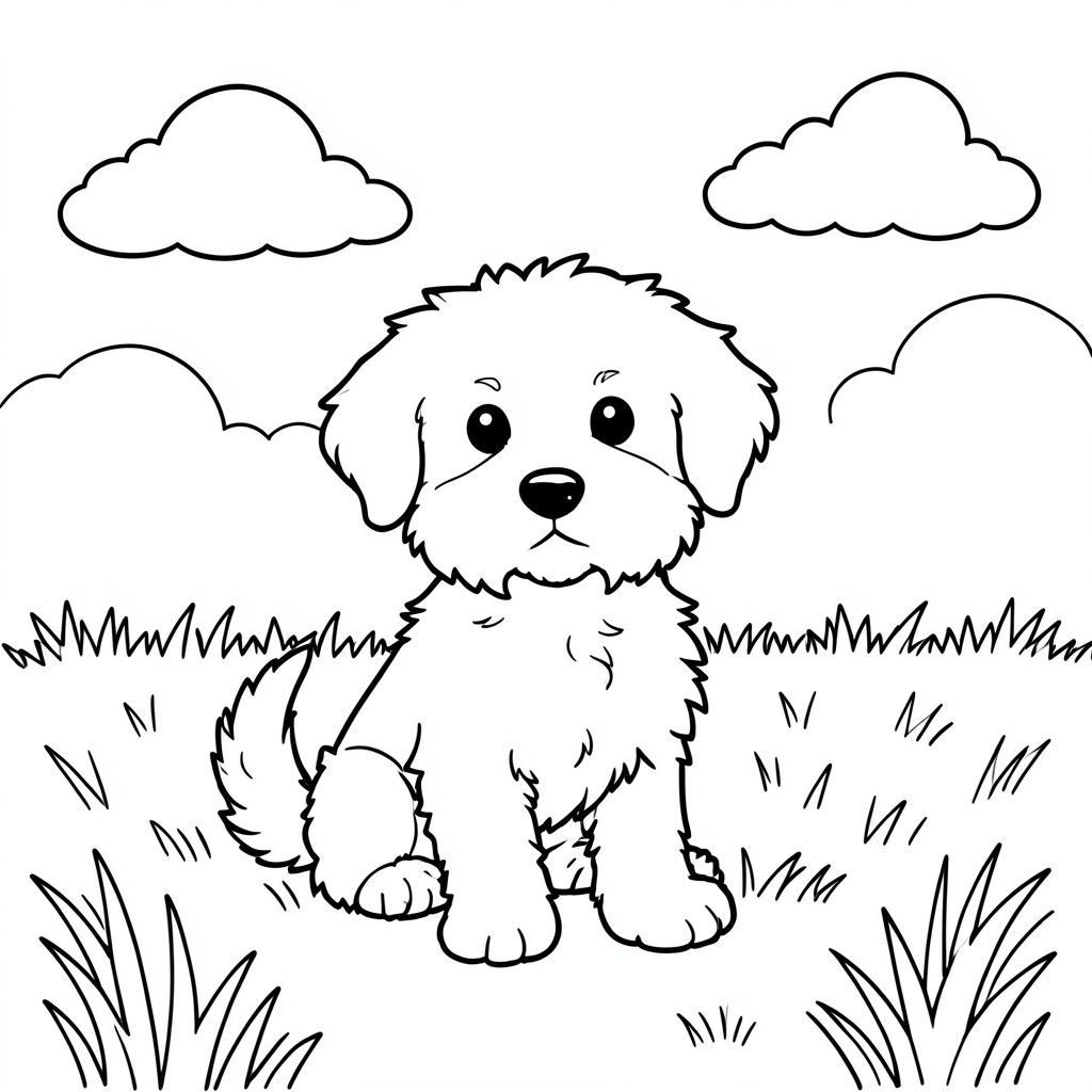 Một nhỏ, lông tơ ngồi trong cánh đồng ánh sáng mặt trời. Một vài đám mây mịn lười biếng trôi dạt trong hậu cảnh. Đầu của ở giữa, đuôi của nó nhẹ nhàng cong xuống dưới. Nền là một bãi cỏ mềm mại., trang màu, nghệ thuật đường nét, nền trắng