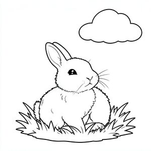 Một chú thỏ nhỏ, lông tơ ngồi nép mình giữa một mảng cỏ. Một tia nắng duy nhất, hoàn hảo làm ấm bộ lông của nó. Một đám mây nhẹ nhàng trôi trên đầu, tạo ra một . Đuôi thỏ hơi cong lại, tai nhếch lên, nhìn về phía mặt trời., tô màu, nghệ thuật đường nét, nền trắng