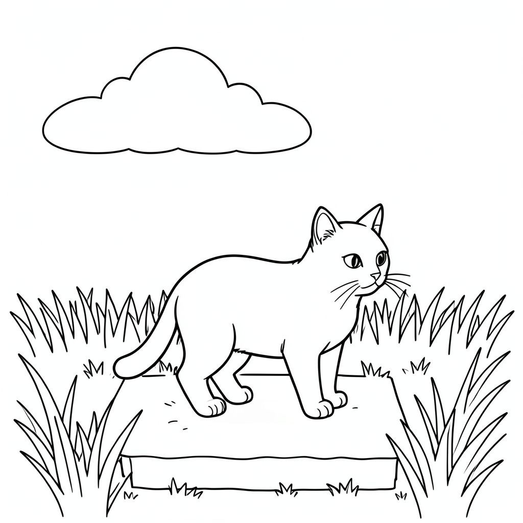 Một khoảng trống nhỏ, đầy nắng. Một mảng mây duy nhất, hơi mờ trôi qua một cánh đồng cỏ khô. Một mảng đất hình chữ nhật đơn giản được đặt ở giữa. Con mèo được đặt hơi lệch tâm, đầu hơi hướng sang phải. Đuôi uốn cong nhẹ nhàng xuống dưới. Cỏ là một trang tô màu, nghệ thuật đường nét, nền trắng