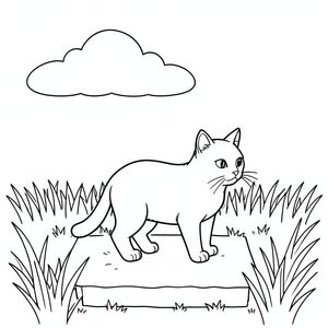 Một khoảng trống nhỏ, đầy nắng. Một mảng mây duy nhất, hơi mờ trôi qua một cánh đồng cỏ khô. Một mảng đất hình chữ nhật đơn giản được đặt ở giữa. Con mèo được đặt hơi lệch tâm, đầu hơi hướng sang phải. Đuôi uốn cong nhẹ nhàng xuống dưới. Cỏ là một trang tô màu, nghệ thuật đường nét, nền trắng