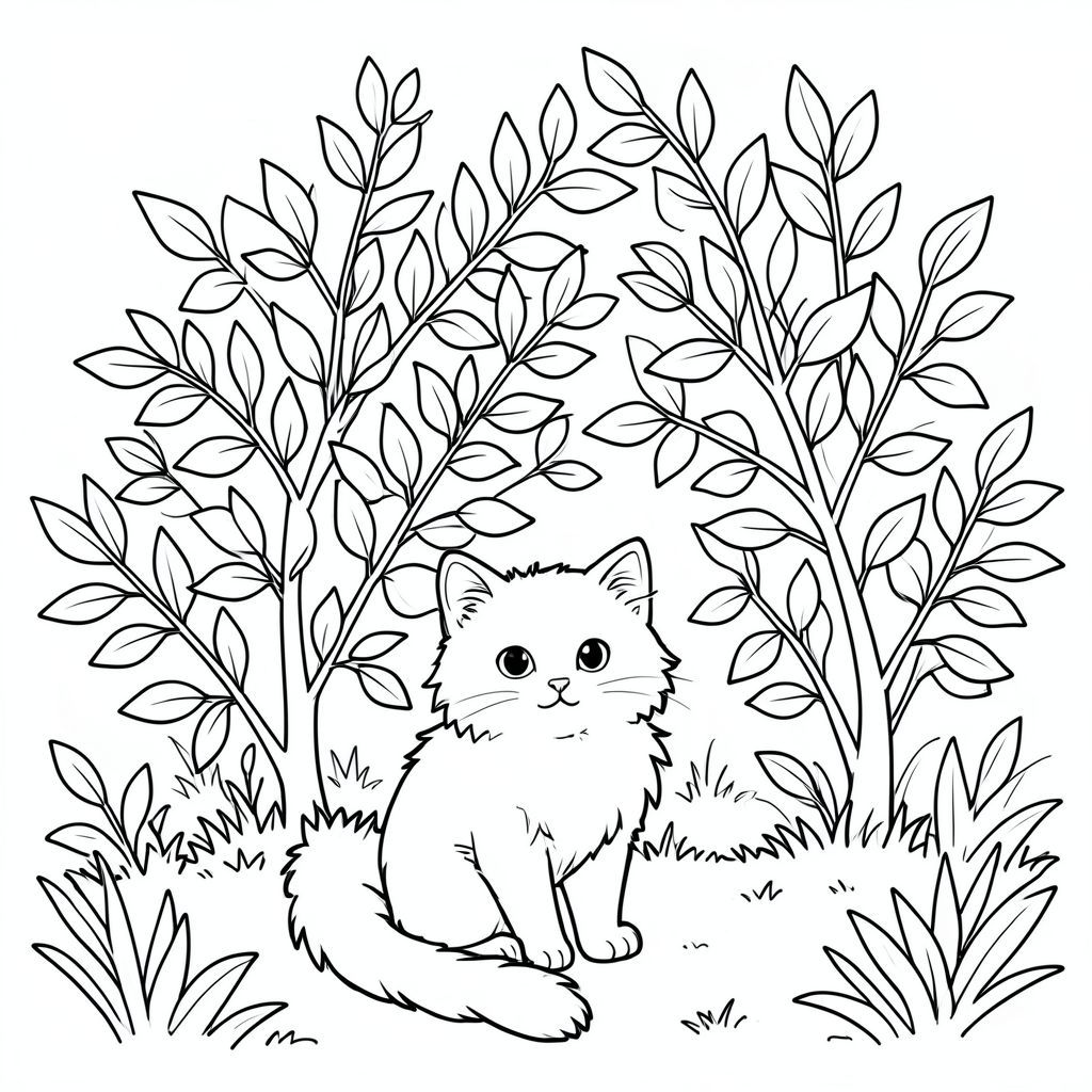 Một khu vườn nhỏ, ngập tràn ánh nắng. Một con mèo lông tơ đơn lẻ ngồi dưới bóng râm của một bụi cây lớn, nhiều lá. Đuôi mèo hơi cong lại, hướng về phía người xem. Một làn gió nhẹ di chuyển qua những chiếc lá, tạo ra hiệu ứng mờ nhạt, dịu dàng. Nền là một bản rửa đơn giản, hơi mờ của và ., trang màu, nghệ thuật đường nét, nền trắng