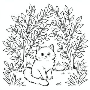 Một khu vườn nhỏ, ngập tràn ánh nắng. Một con mèo lông tơ đơn lẻ ngồi dưới bóng râm của một bụi cây lớn, nhiều lá. Đuôi mèo hơi cong lại, hướng về phía người xem. Một làn gió nhẹ di chuyển qua những chiếc lá, tạo ra hiệu ứng mờ nhạt, dịu dàng. Nền là một bản rửa đơn giản, hơi mờ của và ., trang màu, nghệ thuật đường nét, nền trắng