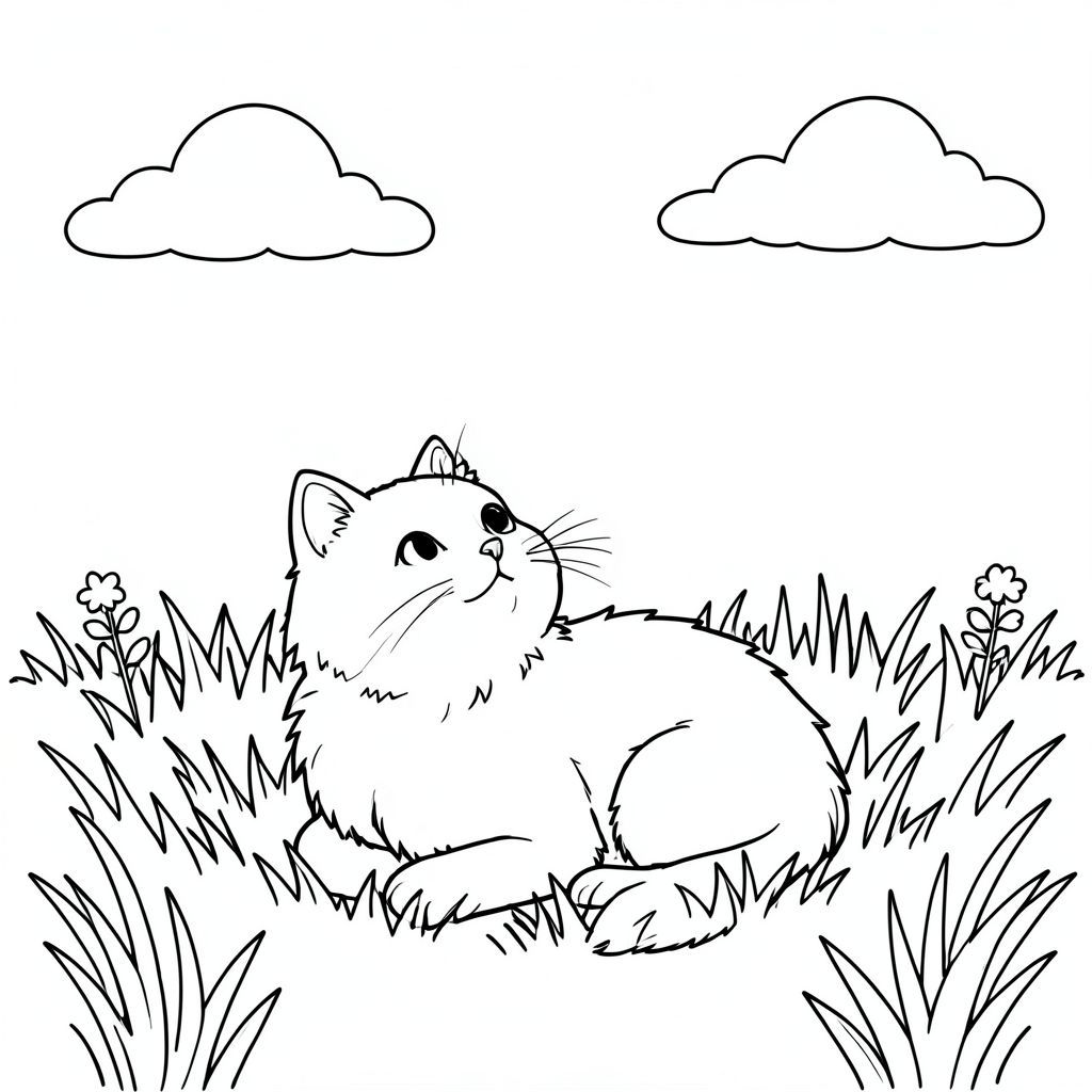 Một đồng cỏ nhỏ, ngập tràn ánh nắng. Một con mèo trắng lông tơ đơn lẻ nép mình trong bãi cỏ, đầu hơi nghiêng lên trên, nhìn về phía mặt trời. Một vài đám mây rải rác lười biếng trôi dạt ở hậu cảnh. Bố cục cân bằng, với con mèo hơi lệch tâm sang trái. Cỏ là một trang tô màu mềm, tắt tiếng, nghệ thuật đường nét, nền trắng