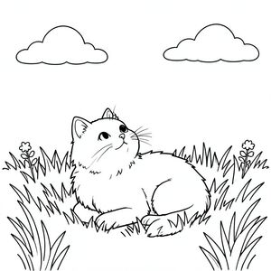 Một đồng cỏ nhỏ, ngập tràn ánh nắng. Một con mèo trắng lông tơ đơn lẻ nép mình trong bãi cỏ, đầu hơi nghiêng lên trên, nhìn về phía mặt trời. Một vài đám mây rải rác lười biếng trôi dạt ở hậu cảnh. Bố cục cân bằng, với con mèo hơi lệch tâm sang trái. Cỏ là một trang tô màu mềm, tắt tiếng, nghệ thuật đường nét, nền trắng