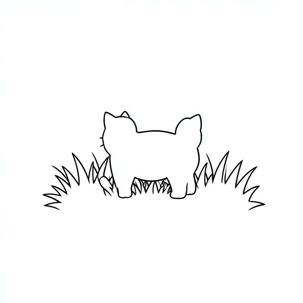 Một mảng cỏ nhỏ, hơi mờ, có ánh nắng mặt trời. Một hình bóng duy nhất, hình bóng của một con mèo được căn giữa., trang màu, nghệ thuật đường nét, nền trắng