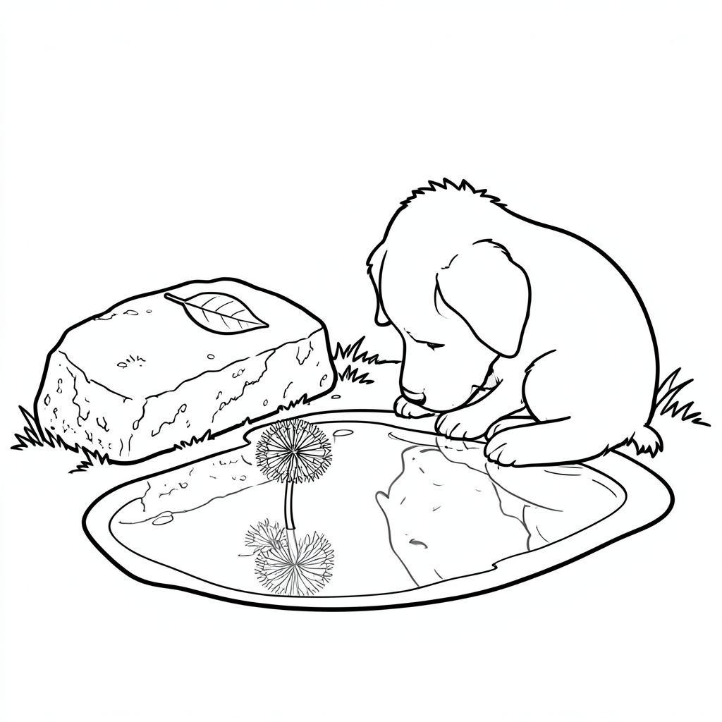 Một vũng bùn nhỏ phản chiếu một cây bồ công anh duy nhất. Một tảng đá bị phong hóa, phủ đầy rêu nằm hơi lệch sang trái, tạo thành một đường cong nhẹ nhàng. Một chiếc lá duy nhất, được hình thành hoàn hảo nằm trên bề mặt đá, bắt . hơi cuộn tròn, đầu nhét dưới bàn chân, nhìn về phía bồ công anh., tô màu, nghệ thuật đường nét, nền trắng