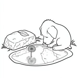 Một vũng bùn nhỏ phản chiếu một cây bồ công anh duy nhất. Một tảng đá bị phong hóa, phủ đầy rêu nằm hơi lệch sang trái, tạo thành một đường cong nhẹ nhàng. Một chiếc lá duy nhất, được hình thành hoàn hảo nằm trên bề mặt đá, bắt . hơi cuộn tròn, đầu nhét dưới bàn chân, nhìn về phía bồ công anh., tô màu, nghệ thuật đường nét, nền trắng