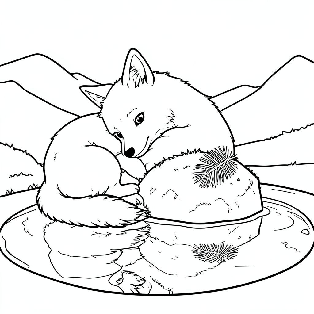 Một con cáo trắng như tuyết, cuộn tròn bảo vệ xung quanh một tảng đá nhỏ, phủ đầy rêu. Tảng đá nép mình trong một vũng nước nông, phản chiếu bầu trời mờ nhạt. Một lá thông mờ duy nhất, hoàn hảo, nằm tinh tế trên bề mặt đá. Tư thế của con cáo hơi tò mò, tai nghiêng về phía trước. Nước tĩnh lặng, phản chiếu của những ngọn núi xa xăm, mờ mịt., trang màu, nghệ thuật đường nét, nền trắng