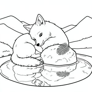 Một con cáo trắng như tuyết, cuộn tròn bảo vệ xung quanh một tảng đá nhỏ, phủ đầy rêu. Tảng đá nép mình trong một vũng nước nông, phản chiếu bầu trời mờ nhạt. Một lá thông mờ duy nhất, hoàn hảo, nằm tinh tế trên bề mặt đá. Tư thế của con cáo hơi tò mò, tai nghiêng về phía trước. Nước tĩnh lặng, phản chiếu của những ngọn núi xa xăm, mờ mịt., trang màu, nghệ thuật đường nét, nền trắng