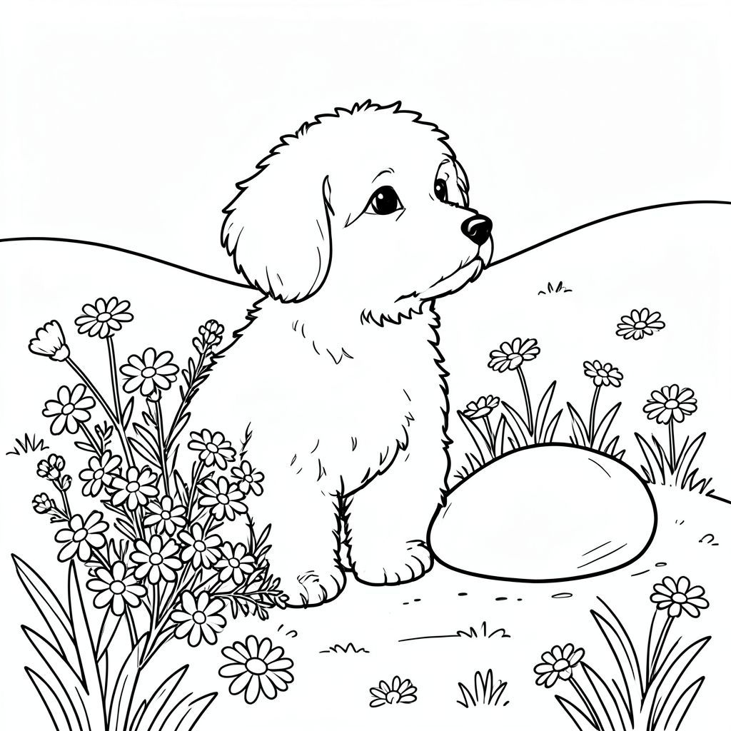 Một nhỏ, lông tơ màu trắng ngồi nép mình giữa một cụm hoa dại. Một hòn đá duy nhất, nhẵn, nằm bên cạnh, phản chiếu ánh sáng mặt trời. Nền là một đồng cỏ mềm, nhấp nhô, rải rác với những bông cúc nhỏ. Tư thế của thoải mái, hơi nghiêng đầu, nhìn về phía chân trời. Các đường nét sạch sẽ và hơi cong, tạo nên dòng chảy nhẹ nhàng. Bố cục cân bằng, với và đá ở giữa., trang màu, nghệ thuật đường nét, nền trắng