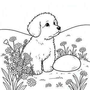 Một nhỏ, lông tơ màu trắng ngồi nép mình giữa một cụm hoa dại. Một hòn đá duy nhất, nhẵn, nằm bên cạnh, phản chiếu ánh sáng mặt trời. Nền là một đồng cỏ mềm, nhấp nhô, rải rác với những bông cúc nhỏ. Tư thế của thoải mái, hơi nghiêng đầu, nhìn về phía chân trời. Các đường nét sạch sẽ và hơi cong, tạo nên dòng chảy nhẹ nhàng. Bố cục cân bằng, với và đá ở giữa., trang màu, nghệ thuật đường nét, nền trắng