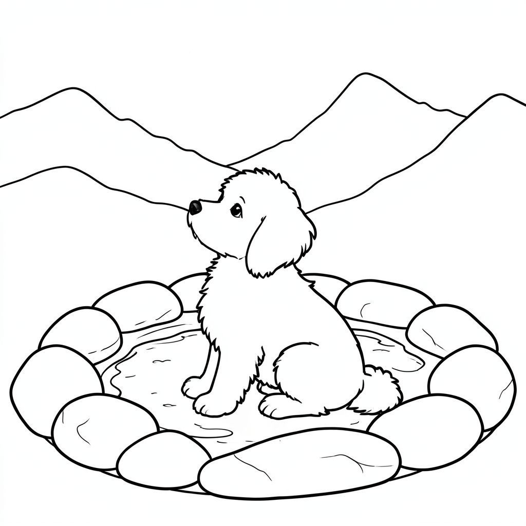 Một nhỏ, lông tơ màu trắng ngồi nép mình giữa những tảng đá nhẵn. hơi quay mặt sang trái, đầu nghiêng lên, nhìn về phía một dãy núi sương mù ở xa. Các viên đá được sắp xếp theo mô hình nông, hình tròn, tạo nền nhẹ nhàng, có kết cấu. Bộ lông của đồng đều, màu trắng, bắt người ngất xỉu. Một hồ nước nhỏ phản chiếu bầu trời phía trên. Bố cục cân bằng, với ở giữa và những viên đá cung cấp một yếu tố tinh tế, nền tảng., trang màu, nghệ thuật đường nét, nền trắng