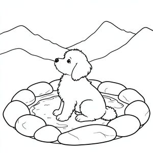 Một nhỏ, lông tơ màu trắng ngồi nép mình giữa những tảng đá nhẵn. hơi quay mặt sang trái, đầu nghiêng lên, nhìn về phía một dãy núi sương mù ở xa. Các viên đá được sắp xếp theo mô hình nông, hình tròn, tạo nền nhẹ nhàng, có kết cấu. Bộ lông của đồng đều, màu trắng, bắt người ngất xỉu. Một hồ nước nhỏ phản chiếu bầu trời phía trên. Bố cục cân bằng, với ở giữa và những viên đá cung cấp một yếu tố tinh tế, nền tảng., trang màu, nghệ thuật đường nét, nền trắng