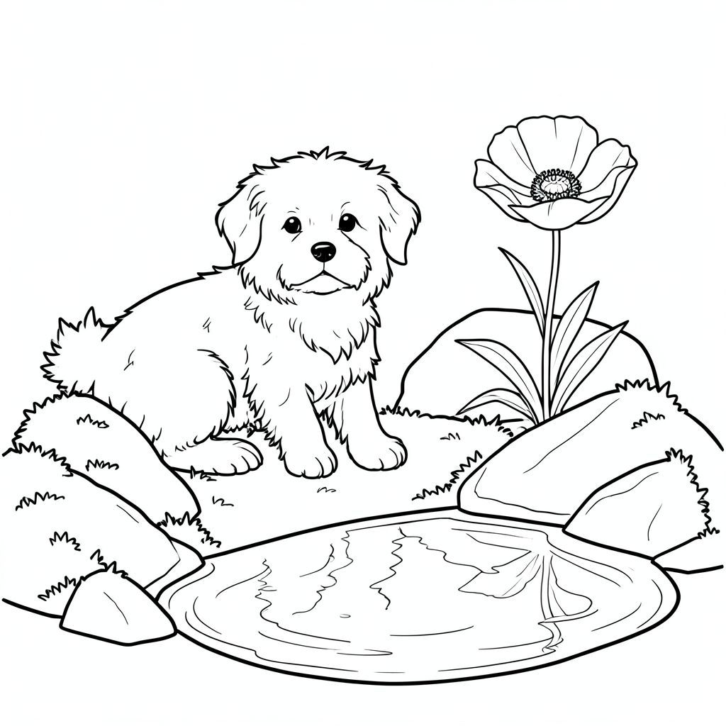 Một nhỏ, lông tơ với bộ lông ấm áp ngồi nép mình giữa một cụm đá phủ đầy rêu. Những tảng đá được sắp xếp theo một vòng cung uốn lượn, thoai thoải, dẫn đến một vũng nước nhỏ, nông phản chiếu ánh nắng lốm đốm. Một bông hoa anh túc duy nhất, hoàn hảo, nằm ngay bên cạnh, cánh hoa của nó hơi xù lông. Đuôi của hơi cong, hơi hướng về bên trái. Nền là một nền mềm mại, tắt tiếng, với các biến thể tinh tế trong tông màu để tạo chiều sâu., trang màu, nghệ thuật đường nét, nền trắng