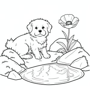 Một nhỏ, lông tơ với bộ lông ấm áp ngồi nép mình giữa một cụm đá phủ đầy rêu. Những tảng đá được sắp xếp theo một vòng cung uốn lượn, thoai thoải, dẫn đến một vũng nước nhỏ, nông phản chiếu ánh nắng lốm đốm. Một bông hoa anh túc duy nhất, hoàn hảo, nằm ngay bên cạnh, cánh hoa của nó hơi xù lông. Đuôi của hơi cong, hơi hướng về bên trái. Nền là một nền mềm mại, tắt tiếng, với các biến thể tinh tế trong tông màu để tạo chiều sâu., trang màu, nghệ thuật đường nét, nền trắng