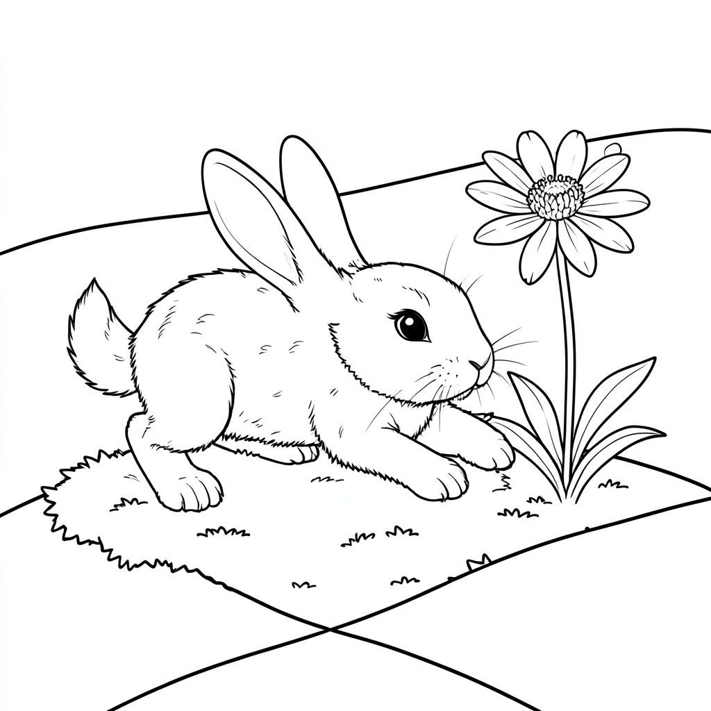 Một chú thỏ nhỏ, lông tơ nhảy qua một mảng rêu. Một bông hoa dại duy nhất mọc bên cạnh nó, cánh hoa hơi nghiêng. Bộ lông của chú thỏ mềm mại, có màu sắc, với các sọc tinh tế. Đuôi của nó dài và mịn, uốn cong nhẹ nhàng. Bối cảnh là một sườn đồi thoai thoải, nhấp nhô phủ đầy rêu., trang màu, nghệ thuật đường nét, nền trắng