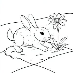 Một chú thỏ nhỏ, lông tơ nhảy qua một mảng rêu. Một bông hoa dại duy nhất mọc bên cạnh nó, cánh hoa hơi nghiêng. Bộ lông của chú thỏ mềm mại, có màu sắc, với các sọc tinh tế. Đuôi của nó dài và mịn, uốn cong nhẹ nhàng. Bối cảnh là một sườn đồi thoai thoải, nhấp nhô phủ đầy rêu., trang màu, nghệ thuật đường nét, nền trắng