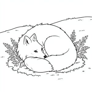 Một con cáo trắng như tuyết, cuộn tròn bảo vệ, nằm trên một mảng rêu. Một tảng đá duy nhất, nhẵn, nằm bên cạnh nó, bị che khuất một phần bởi một cụm cây mỏng manh, giống như dương xỉ. Đuôi cáo hơi cong lại, hướng về phía người xem. Nền là một sườn đồi im lặng, có kết cấu tinh tế với những mảng rêu nhỏ, không đều. Bố cục được đặt ở giữa, với con cáo được đặt hơi lệch tâm để tạo cảm giác chuyển động nhẹ nhàng. Các đường nét rõ ràng và chính xác, nhấn mạnh hình dạng của cáo., tô màu, nghệ thuật đường nét, nền trắng