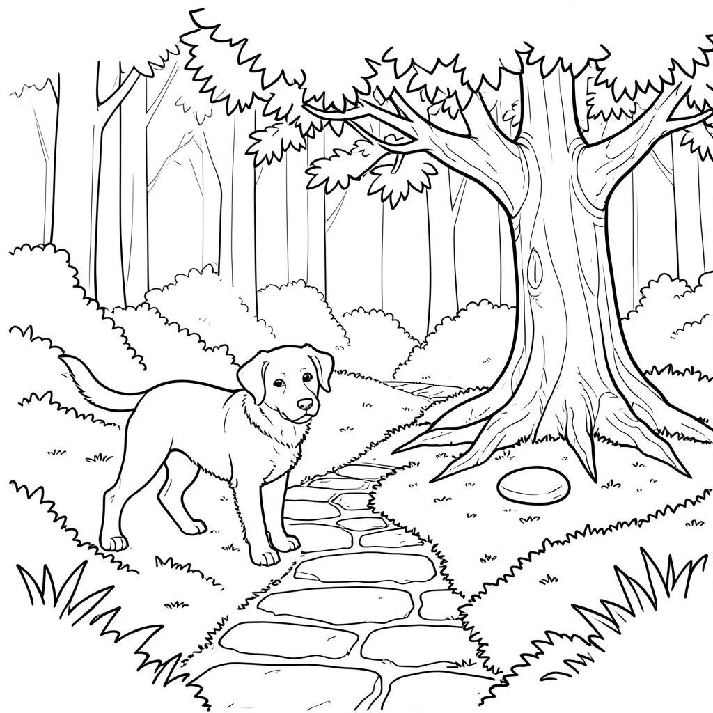 Một con đường đá nhỏ, phong hóa uốn lượn qua một khu rừng rêu phong. Ánh sáng mặt trời lọc qua lá, lấp lánh mặt đất thành những mảng ấm áp. Một cây sồi gồ ghề duy nhất đứng ở rìa con đường, rễ của nó lộ ra một phần. Một hòn đá nhỏ, nhẵn nằm ở gốc cây. hơi nghiêng về bên trái, đầu quay về phía người xem, đuôi hơi cong lại., trang màu, nghệ thuật đường nét, nền trắng