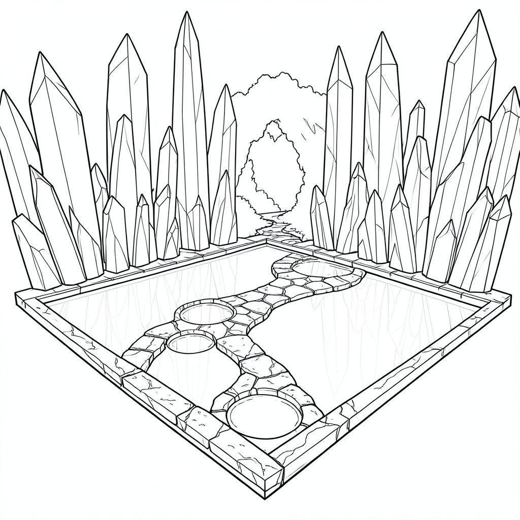 Khung cảnh mở ra trong một quảng trường obsidian rộng lớn, bóng bẩy. Ánh sáng mặt trời, bị phá vỡ bởi các thành tạo thạch anh cao không tưởng, được đánh bóng, tạo ra một , dịch chuyển khắp không gian. Quảng trường hoàn hảo về mặt hình học - một hình vuông hoàn hảo, rộng khoảng 50 mét. Bề mặt mịn hoàn hảo, phản chiếu ánh sáng gần như đáng lo ngại. 

Một con đường đá duy nhất, dài khoảng 10 mét, uốn cong quanh chu vi của quảng trường, dẫn đến một khu rừng xa xôi, bóng râm. Con đường bao gồm một , đá rêu, có kết cấu tinh tế với các đường vân thạch anh. Những vũng nước nhỏ, hình tròn hoàn hảo, không rộng hơn nắm tay, nằm rải rác dọc theo con đường, phản chiếu thu nhỏ. Ấn tượng tổng thể là một trong những sự tĩnh lặng bao la, vượt thời gian. Một làn gió nhẹ, gần như không thể nhận thấy khuấy động các khối thạch anh, tạo ra một nhịp đập nhẹ nhàng, nhịp nhàng. Quảng trường hoàn toàn không có bất kỳ thảm thực vật nào ngoài lối đi và hồ bơi., trang màu, nghệ thuật đường nét, nền trắng