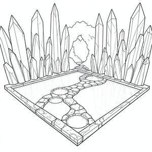 Khung cảnh mở ra trong một quảng trường obsidian rộng lớn, bóng bẩy. Ánh sáng mặt trời, bị phá vỡ bởi các thành tạo thạch anh cao không tưởng, được đánh bóng, tạo ra một , dịch chuyển khắp không gian. Quảng trường hoàn hảo về mặt hình học - một hình vuông hoàn hảo, rộng khoảng 50 mét. Bề mặt mịn hoàn hảo, phản chiếu ánh sáng gần như đáng lo ngại. 

Một con đường đá duy nhất, dài khoảng 10 mét, uốn cong quanh chu vi của quảng trường, dẫn đến một khu rừng xa xôi, bóng râm. Con đường bao gồm một , đá rêu, có kết cấu tinh tế với các đường vân thạch anh. Những vũng nước nhỏ, hình tròn hoàn hảo, không rộng hơn nắm tay, nằm rải rác dọc theo con đường, phản chiếu thu nhỏ. Ấn tượng tổng thể là một trong những sự tĩnh lặng bao la, vượt thời gian. Một làn gió nhẹ, gần như không thể nhận thấy khuấy động các khối thạch anh, tạo ra một nhịp đập nhẹ nhàng, nhịp nhàng. Quảng trường hoàn toàn không có bất kỳ thảm thực vật nào ngoài lối đi và hồ bơi., trang màu, nghệ thuật đường nét, nền trắng