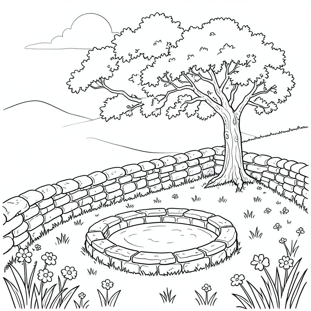 Một đồng cỏ ngập tràn ánh nắng, được bao quanh bởi một bức tường đá phong hóa, phủ đầy rêu. Đồng cỏ dốc nhẹ nhàng lên trên, dẫn đến một chậu đá nhỏ, hình tròn chứa đầy nước mưa. Một cây sồi cổ thụ duy nhất đứng ngay sau lưu vực, cành của nó vươn về phía bầu trời hơi mờ mịt. Cỏ là một , , rải rác với những bông hoa dại nhỏ, dưới bóng râm của cây sồi. Bức tường đá được đẽo thô và một, màu cát., trang màu, nghệ thuật đường nét, nền trắng