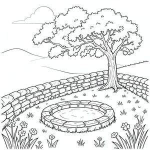 Một đồng cỏ ngập tràn ánh nắng, được bao quanh bởi một bức tường đá phong hóa, phủ đầy rêu. Đồng cỏ dốc nhẹ nhàng lên trên, dẫn đến một chậu đá nhỏ, hình tròn chứa đầy nước mưa. Một cây sồi cổ thụ duy nhất đứng ngay sau lưu vực, cành của nó vươn về phía bầu trời hơi mờ mịt. Cỏ là một , , rải rác với những bông hoa dại nhỏ, dưới bóng râm của cây sồi. Bức tường đá được đẽo thô và một, màu cát., trang màu, nghệ thuật đường nét, nền trắng