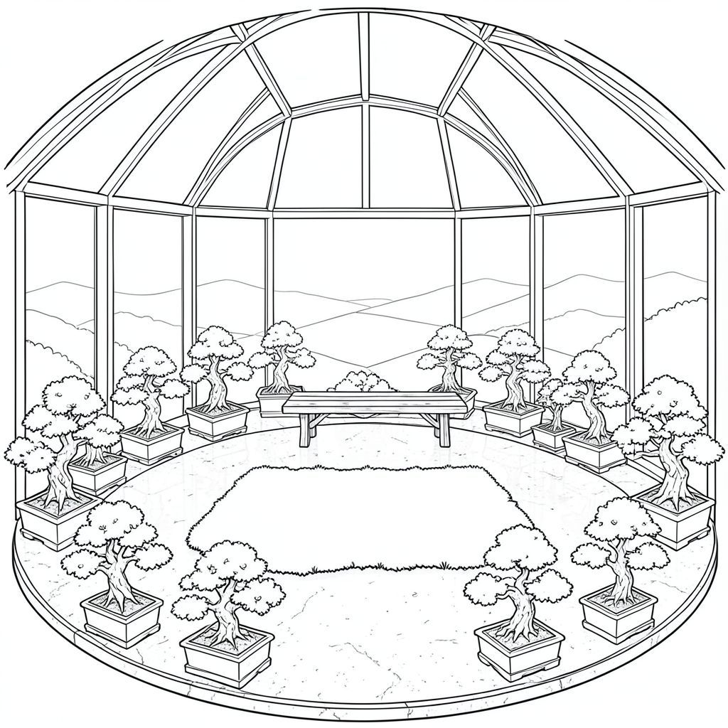 Khung cảnh diễn ra trong một nhà kính ngập tràn ánh nắng mặt trời được bảo trì tỉ mỉ. Sàn đá granit hình tròn, đánh bóng, mát mẻ khi chạm vào, chiếm ưu thế trong không gian. Những hàng cây bonsai thu nhỏ, được sắp xếp tỉ mỉ, mỗi cây một sắc thái khác nhau của và, xếp dọc theo chu vi sàn nhà, tạo nên một đường viền thoai thoải, nhấp nhô. Một mảng rêu hình chữ nhật duy nhất, được hình thành hoàn hảo, một, mượt như nhung, nằm ở trung tâm của sàn nhà, hơi nghiêng để bắt . Phía trên, trần kính hình vòm rộng lớn cho phép một lớp mềm mại, khuếch tán tràn ngập không gian. Một chiếc ghế gỗ duy nhất, bị phong hóa, hơi nghiêng, nằm bên dưới kính, được định vị để đóng khung rêu. Hậu cảnh được làm mờ một cách tinh tế, gợi ý một khung cảnh xa xôi, mờ mịt của những ngọn đồi thoai thoải tắm trong ánh sáng mặt trời. Ấn tượng tổng thể là một trong những vẻ đẹp thanh bình, vượt thời gian., trang màu, nghệ thuật đường nét, nền trắng