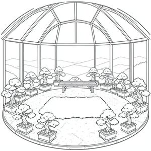 Khung cảnh diễn ra trong một nhà kính ngập tràn ánh nắng mặt trời được bảo trì tỉ mỉ. Sàn đá granit hình tròn, đánh bóng, mát mẻ khi chạm vào, chiếm ưu thế trong không gian. Những hàng cây bonsai thu nhỏ, được sắp xếp tỉ mỉ, mỗi cây một sắc thái khác nhau của và, xếp dọc theo chu vi sàn nhà, tạo nên một đường viền thoai thoải, nhấp nhô. Một mảng rêu hình chữ nhật duy nhất, được hình thành hoàn hảo, một, mượt như nhung, nằm ở trung tâm của sàn nhà, hơi nghiêng để bắt . Phía trên, trần kính hình vòm rộng lớn cho phép một lớp mềm mại, khuếch tán tràn ngập không gian. Một chiếc ghế gỗ duy nhất, bị phong hóa, hơi nghiêng, nằm bên dưới kính, được định vị để đóng khung rêu. Hậu cảnh được làm mờ một cách tinh tế, gợi ý một khung cảnh xa xôi, mờ mịt của những ngọn đồi thoai thoải tắm trong ánh sáng mặt trời. Ấn tượng tổng thể là một trong những vẻ đẹp thanh bình, vượt thời gian., trang màu, nghệ thuật đường nét, nền trắng